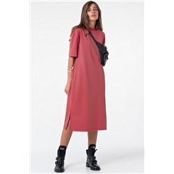 Платье-футболка хлопковое длинное в полоску на красном