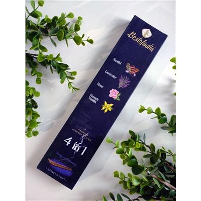 4 IN 1: Sandal, Lavender, Rose, French Vanilla, Bestofindia (4 В 1: Сандал, Лаванда, Роза, Французская Ваниль, премиум благовония, Бэстофиндия), 70 г. (20 палочек + подставка в подарок)