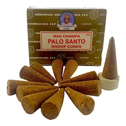 NAG CHAMPA PALO SANTO DHOOP CONES, Satya (НАГ ЧАМПА ПАЛО САНТО конусные благовония, Сатья), уп. 12 конусов + подставка.
