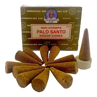 NAG CHAMPA PALO SANTO DHOOP CONES, Satya (НАГ ЧАМПА ПАЛО САНТО конусные благовония, Сатья), уп. 12 конусов + подставка.