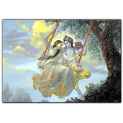 Магнит на холодильник КРИШНА И РАДХА НА КАЧЕЛЯХ (Винил, 10 см. х 6,5 см.), 1 шт.