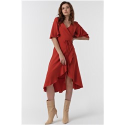 Платье приталенное с воланами миди терракотовое