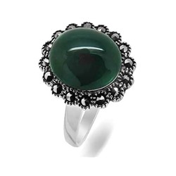 Кольцо из серебра зеленый агат, марказит, SL-AGA721