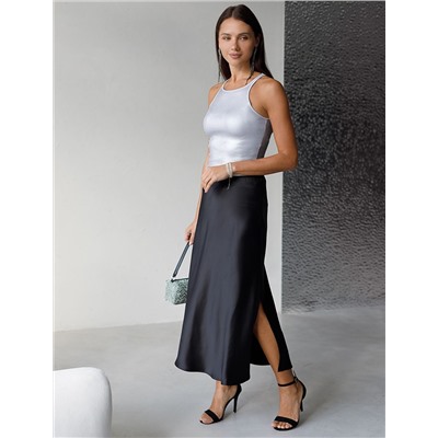 Топ с закрытым декольте из хлопка с эластаном в рубчик с матовым покрытием металлик