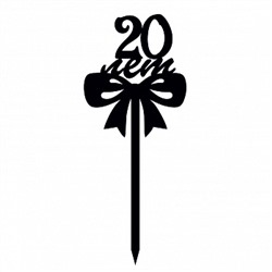 Топпер "20 лет, бантик" черный 8*9 см
