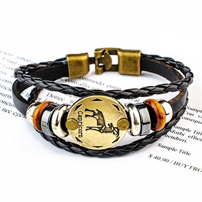 Кожаный браслет с застёжкой Знаки Зодиака CAPRICORN - КОЗЕРОГ (кож. зам., длина 21 см.), 1 шт.