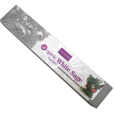 ORGANIC Garden WHITE SAGE Premium Masala Incense, Nandita (ОРГАНИК Гарден БЕЛЫЙ ШАЛФЕЙ премиум благовония палочки, Нандита), 15 г.