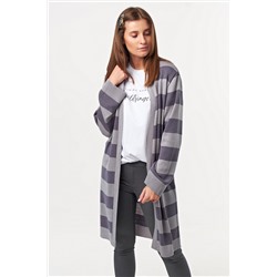 Кардиган вязаный длинный в полоску серо-лиловый