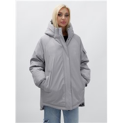 Куртка летучая мышь женская с капюшоном зимняя серого цвета 9630Sr