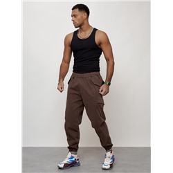 Джинсы карго мужские с накладными карманами коричневого цвета 2420K