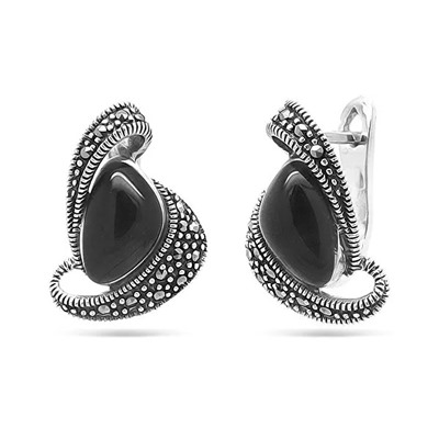 Серьги из серебра марказит, оникс, SL-AGA82