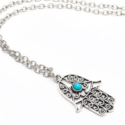 Кулон с цепочкой ЛАДОНЬ ХАМСА с синт. бирюзой, на застежке (размер подвески 2,3*1,9 см.), 1 шт.