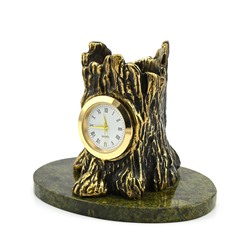 Часы карандашница из бронзы на подставке из змеевика, 110*75*90мм