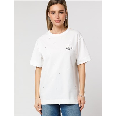 Удлиненная футболка over-size с  принтом стразами