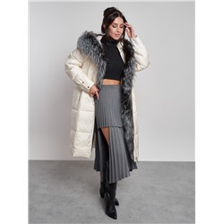 Пальто утепленное с чернобуркой зимнее женское светло-бежевого цвета 133156SB