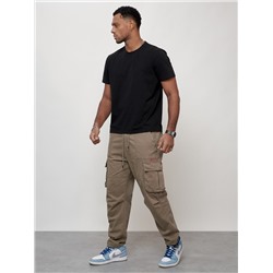 Джинсы карго мужские с накладными карманами бежевого цвета 2421B