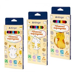 Карандаши цветные 12 цв. Alingar Котята  дерев. трехгранные заточен. AL9055-12