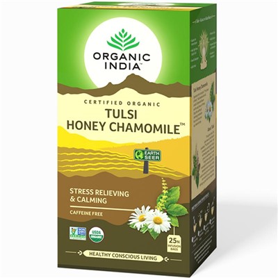 TULSI HONEY CHAMOMILE, Organic India (ТУЛСИ РОМАШКА И МЁД, чай, антистресс и спокойствие, Органик Индия), 25 пакетиков.