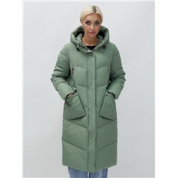 Пальто утепленное стеганное зимнее с капюшоном женское зеленого цвета 9639Z