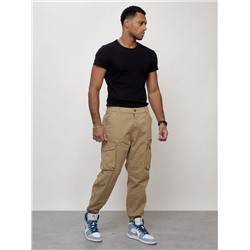 Джинсы карго мужские с накладными карманами бежевого цвета 2425B