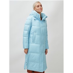 Пальто утепленное стеганное зимнее с капюшоном женское голубого цвета 9601Gl