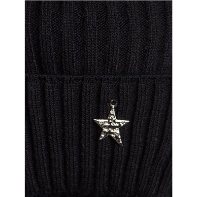 Шапка вязаная, детская, с отворотом, на завязках, нашивка звезда + снуд,черный