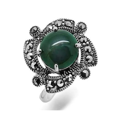 Кольцо из серебра зеленый агат, марказит, SL-AGA66