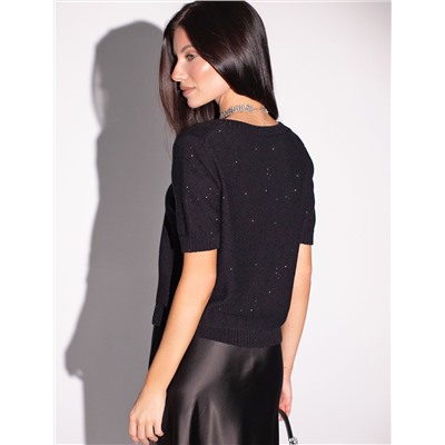 Джемпер с V вырезом и коротким рукавом из хлопковой пряжи с пайетками