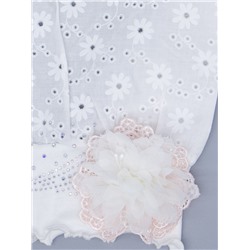 Косынка для девочки, белые цветочки, стразы, молочный бант из фатина с пудровым кружевом, молочный