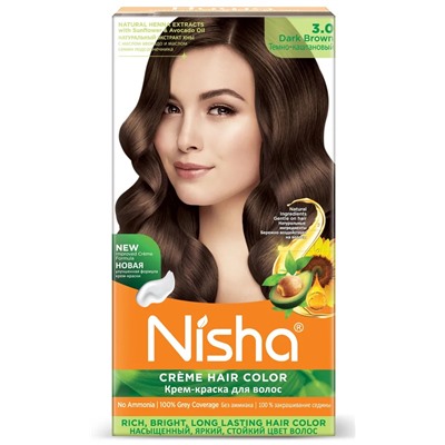DARK BROWN 3.0 Nisha Creme Hair Color (ТЁМНО-КАШТАНОВЫЙ 3.0 крем-краска для волос, Ниша), 60 г + 60 мл + 18 мл.