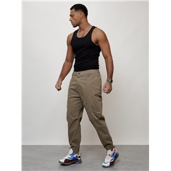 Джинсы карго мужские с накладными карманами бежевого цвета 2419B