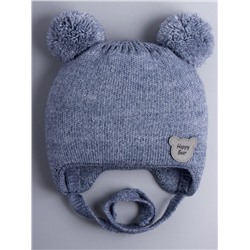Шапка вязаная детская с двумя бубонами, на завязках, нашивка HAPPY BEAR, джинс