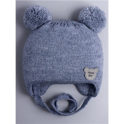 Шапка вязаная детская с двумя бубонами, на завязках, нашивка HAPPY BEAR, джинс