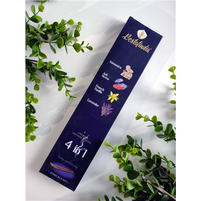 4 IN 1: Kamasutra, Anti Stress, French Vanilla, Lavender, Bestofindia (4 В 1: Камасутра, Анти Стресс, Французская Ваниль, Лаванда, премиум благовония, Бэстофиндия), 70 г. (20 палочек + подставка в подарок)