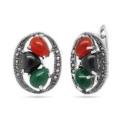 Серьги из серебра агат, зеленый агат, марказит, оникс, SL-AGA109