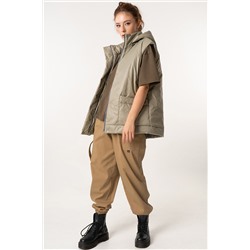 Жилет утепленный оверсайз на молнии с капюшоном оливковый