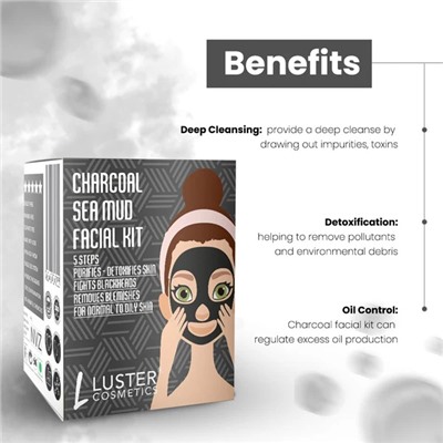 CHARCOAL SEA MUD Facial Kit, Luster (ДРЕВЕСНЫЙ УГОЛЬ И МОРСКАЯ ГРЯЗЬ набор для ухода за лицом, Ластер), 1 уп. (45 г.)