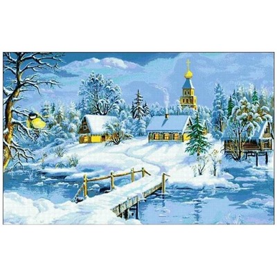 Алмазная мозаика на подрамнике 40*50см Зима Домики в снегу на берегу реки Церковь YSA0501