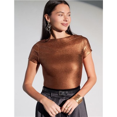 Футболка облегающая из хлопка в рубчик с вырезом лодочка с матовым покрытием металлик