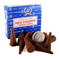 NAG CHAMPA DHOOP CONES, Satya (НАГ ЧАМПА конусные благовония, Сатья), уп. 12 конусов + подставка.