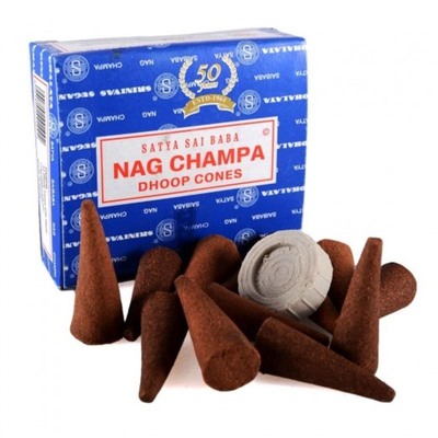 NAG CHAMPA DHOOP CONES, Satya (НАГ ЧАМПА конусные благовония, Сатья), уп. 12 конусов + подставка.