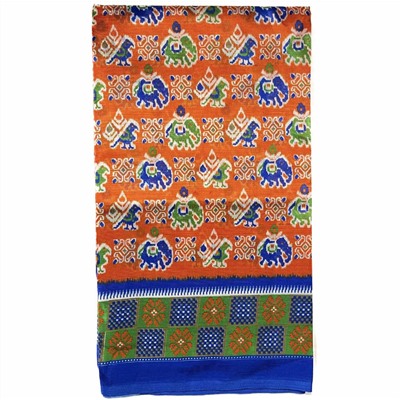 Сари ISHITA HOUSE, Kalista, с печатным принтом СЛОНЫ И ПАВЛИНЫ, цвет ОРАНЖЕВЫЙ (Size: Onesize), 1 шт.