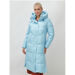 Пальто утепленное стеганное зимнее с капюшоном женское голубого цвета 9601Gl