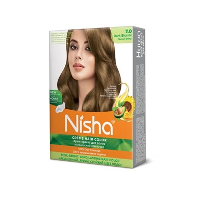 DARK BLONDE 7.0 Nisha Creme Hair Color (ТЁМНЫЙ БЛОНД 7.0 крем-краска для волос, Ниша), 20 г + 20 мл + 6 мл.