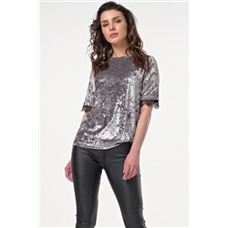 Блузка бархатная прямая с коротким рукавом серая