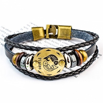 Кожаный браслет с застёжкой Знаки Зодиака PISCES - РЫБЫ (кож. зам., длина 21 см.), 1 шт.