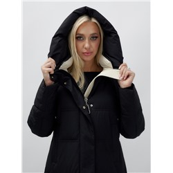Пальто утепленное стеганное зимнее с капюшоном женское черного цвета 9625Ch