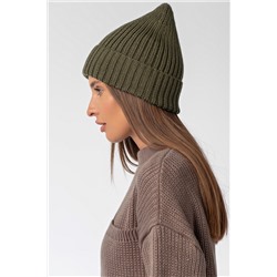 Шапка вязаная бини с отворотом хаки