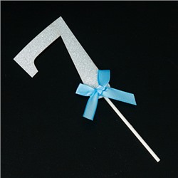 Топпер "Цифра 7" серебро, голубой бант, 9*6 см