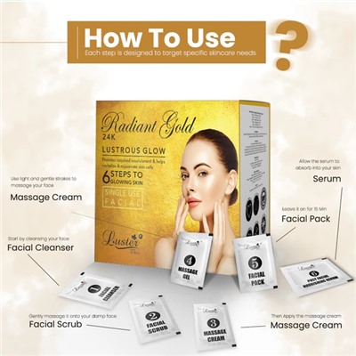 RADIANT GOLD 24K Lustrous Glow Facial Kit, Luster (СИЯЮЩЕЕ ЗОЛОТО 24К набор для ухода за лицом, Ластер), 1 уп. (40 мл.)